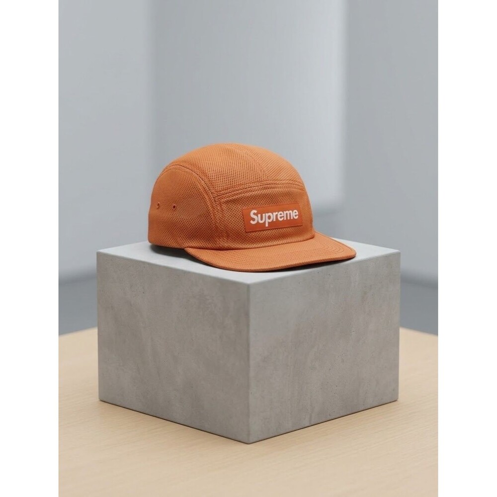 Supreme Orange Mesh Cap Hat White Logo Adjustable Strap Curved Brim